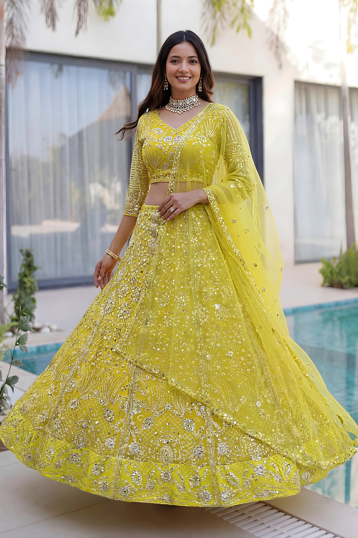 Beautiful Yellow Butterfly Net Heavy Embroidered Bridal Lehenga Choli with Dupatta