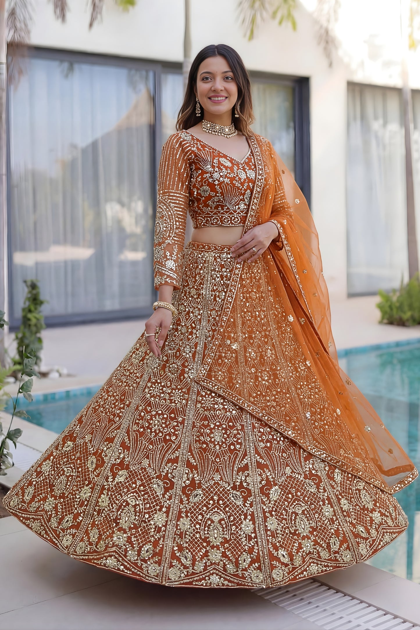 Awesome Rust Orange Butterfly Net Heavy Embroidered Bridal Lehenga Choli with Dupatta
