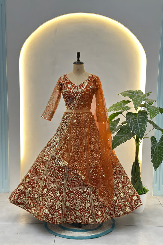 Awesome Rust Orange Butterfly Net Heavy Embroidered Bridal Lehenga Choli with Dupatta