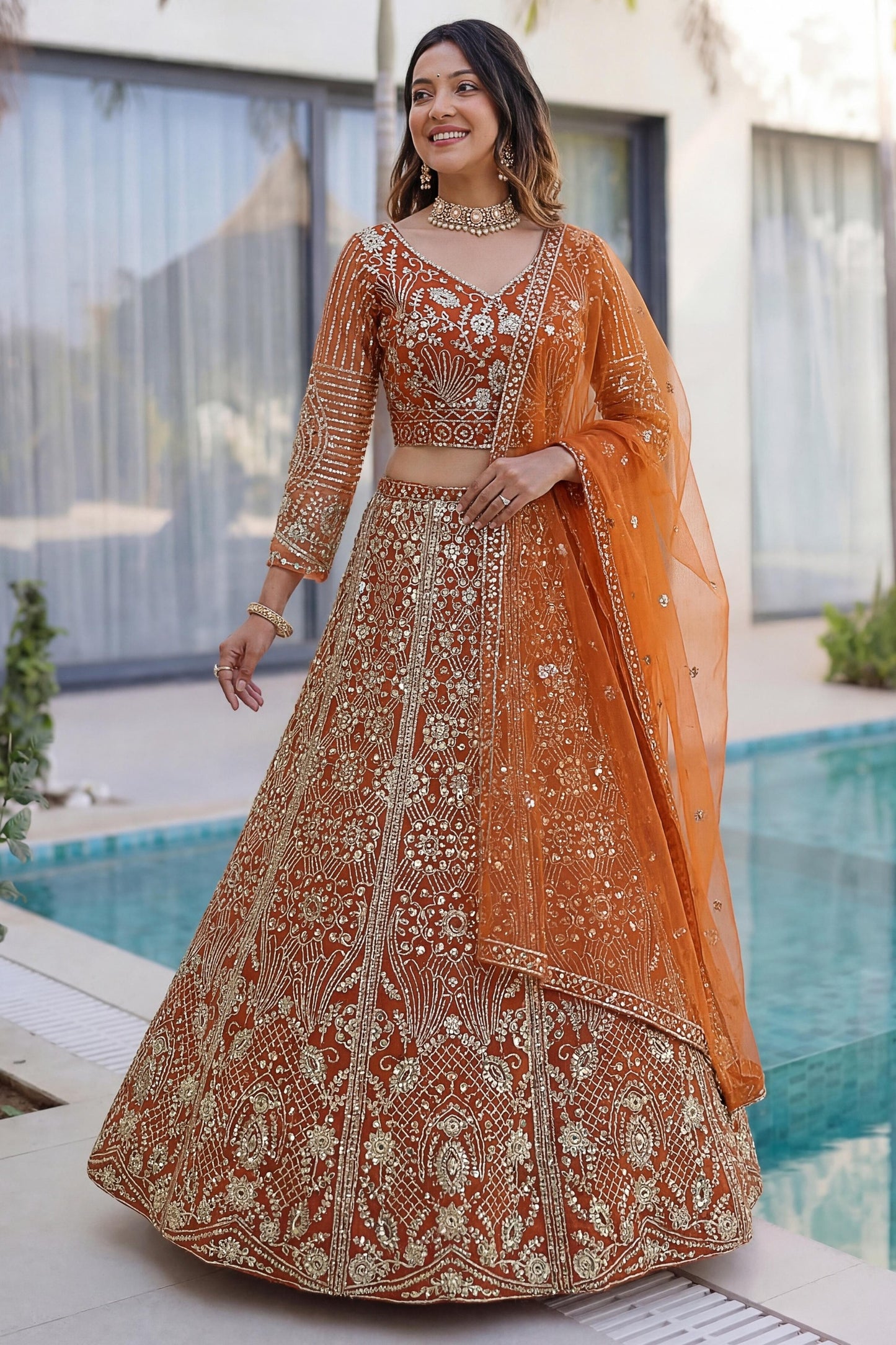 Awesome Rust Orange Butterfly Net Heavy Embroidered Bridal Lehenga Choli with Dupatta