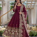 Maroon Embroidered Anarkali Suit Set Designer Dupatta Heavy Border Work