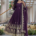 Purple Embroidered Anarkali Suit Set Designer Dupatta Heavy Zari Border Work
