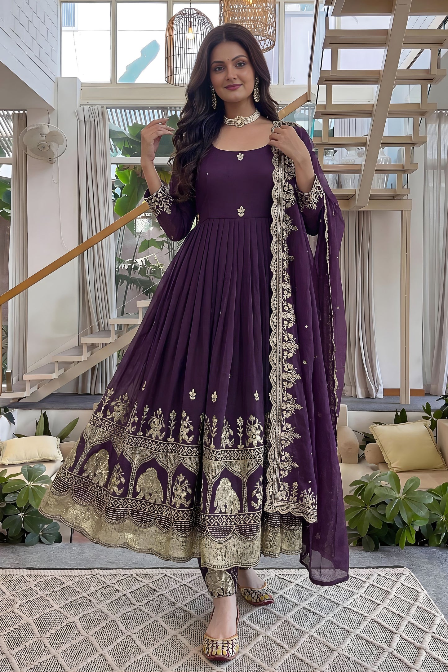 Purple Embroidered Anarkali Suit Set Designer Dupatta Heavy Zari Border Work
