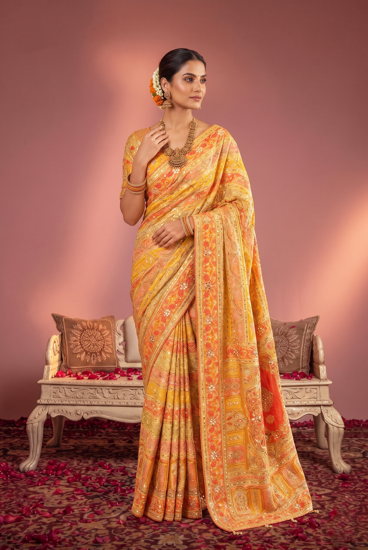 Vibrant Yellow Natural Crepe Saree Aari Hand Work for Women