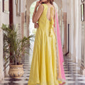 Gorgeous Yellow Glass Roman Anarkali Suit Lace Work for Women