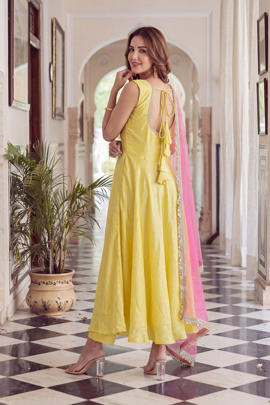 Gorgeous Yellow Glass Roman Anarkali Suit Lace Work for Women