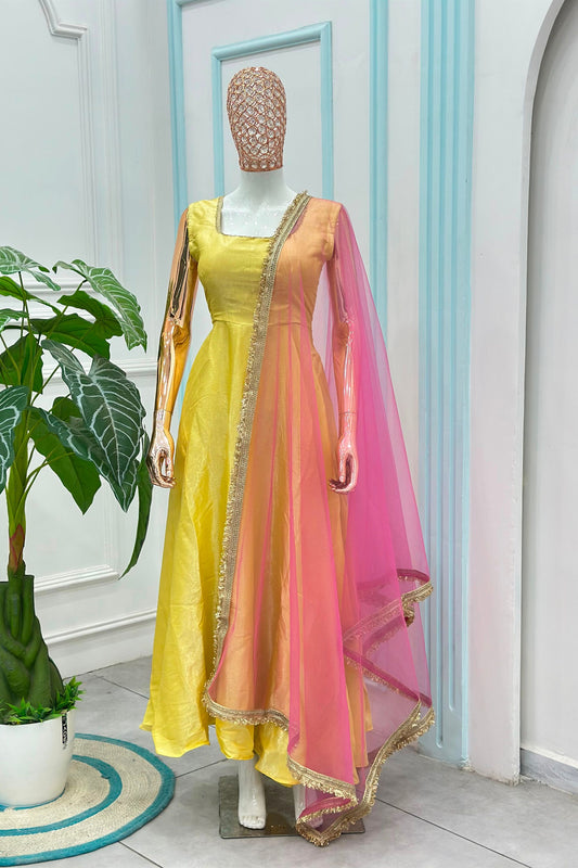 Gorgeous Yellow Glass Roman Anarkali Suit Lace Work for Women