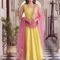 Gorgeous Yellow Glass Roman Anarkali Suit Lace Work for Women