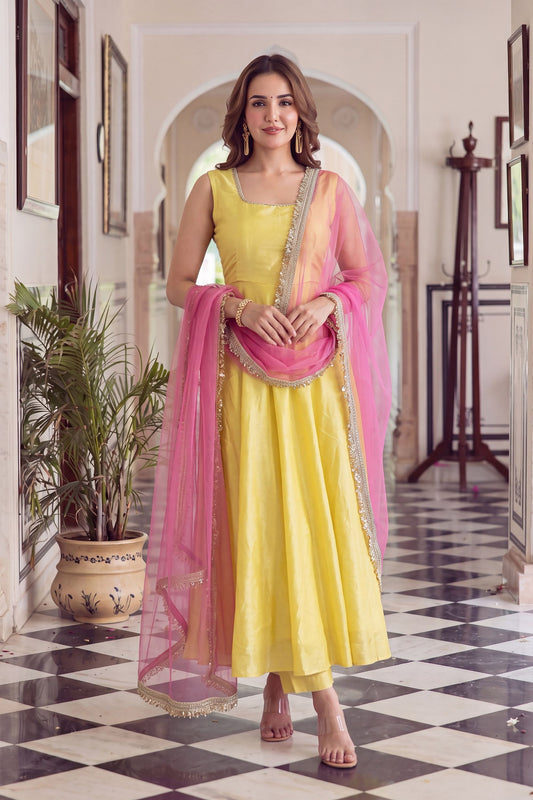 Gorgeous Yellow Glass Roman Anarkali Suit Lace Work for Women