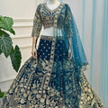 Stunning Teal Blue Embroidered Designer Lehenga Choli Set with Matching Dupatta for Wedding