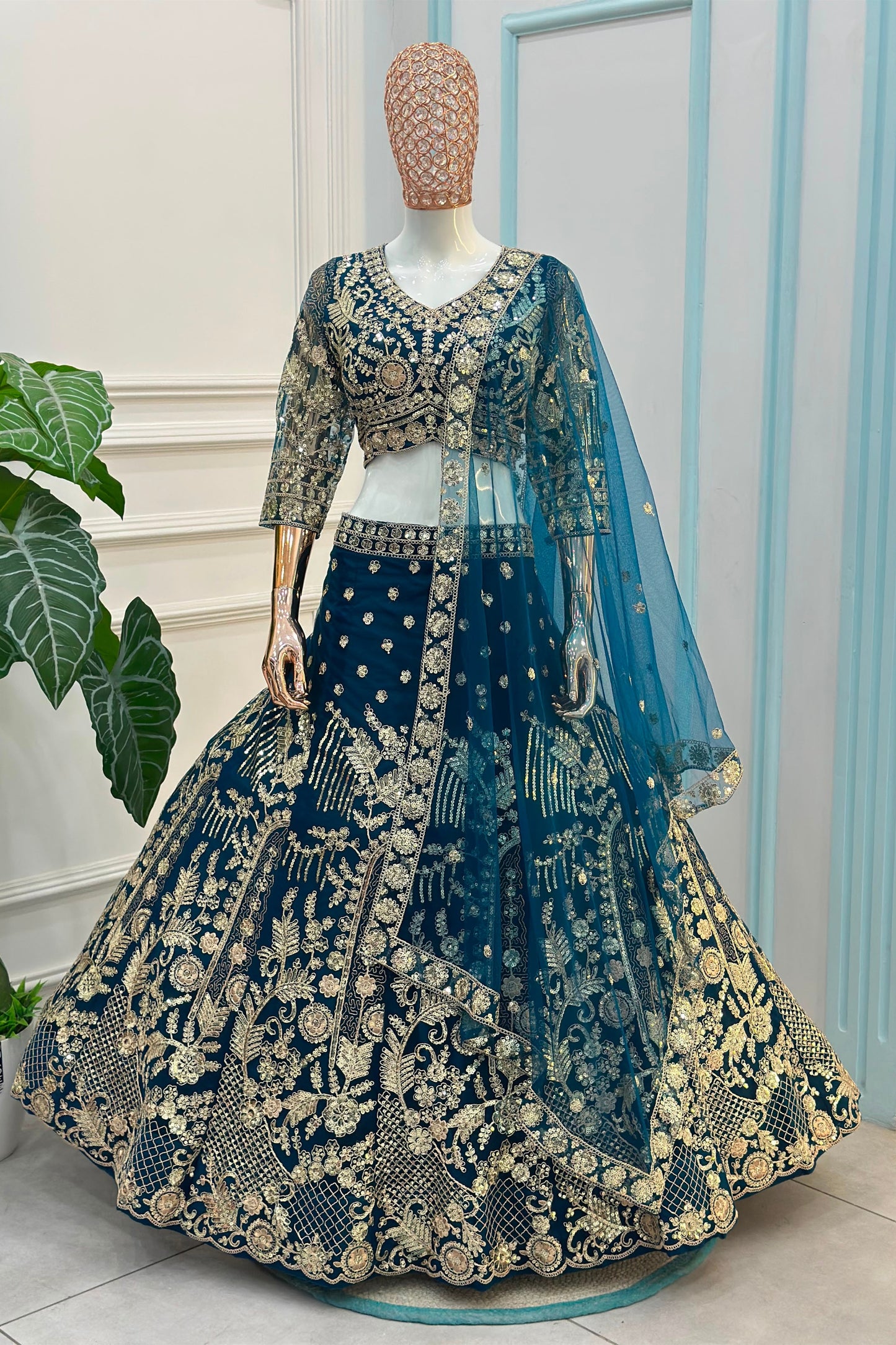 Stunning Teal Blue Embroidered Designer Lehenga Choli Set with Matching Dupatta for Wedding