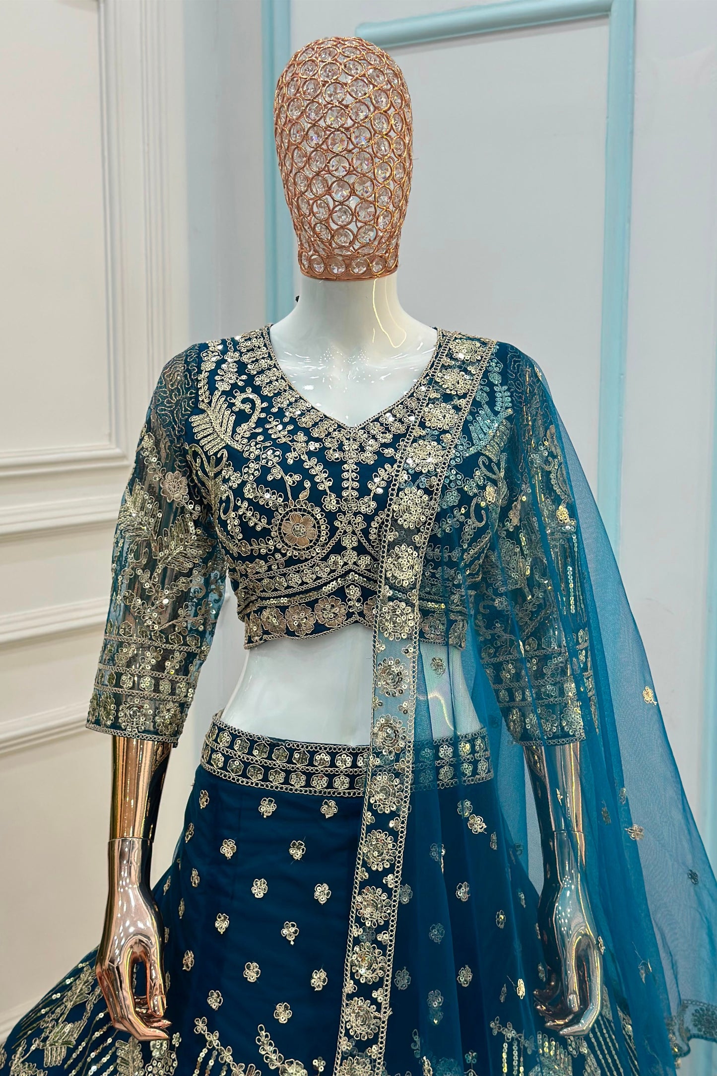 Stunning Teal Blue Embroidered Designer Lehenga Choli Set with Matching Dupatta for Wedding