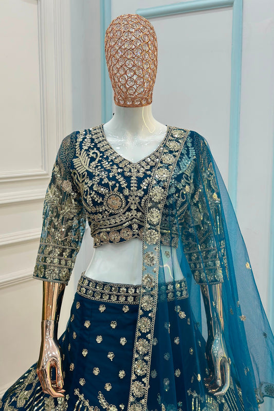 Stunning Teal Blue Embroidered Designer Lehenga Choli Set with Matching Dupatta for Wedding