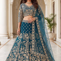 Stunning Teal Blue Embroidered Designer Lehenga Choli Set with Matching Dupatta for Wedding