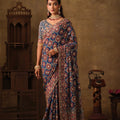Elegant Navy Blue Natural Crepe Aari Hand Work Saree with Pure Khatli Work for Women