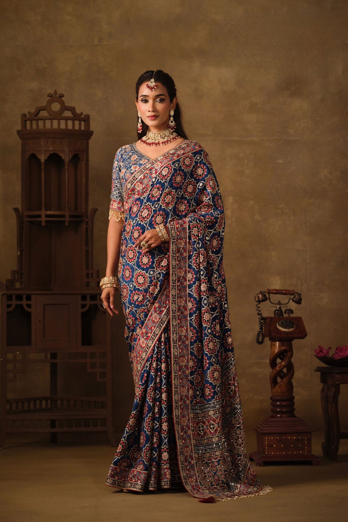 Elegant Navy Blue Natural Crepe Aari Hand Work Saree with Pure Khatli Work for Women