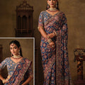 Elegant Navy Blue Natural Crepe Aari Hand Work Saree with Pure Khatli Work for Women