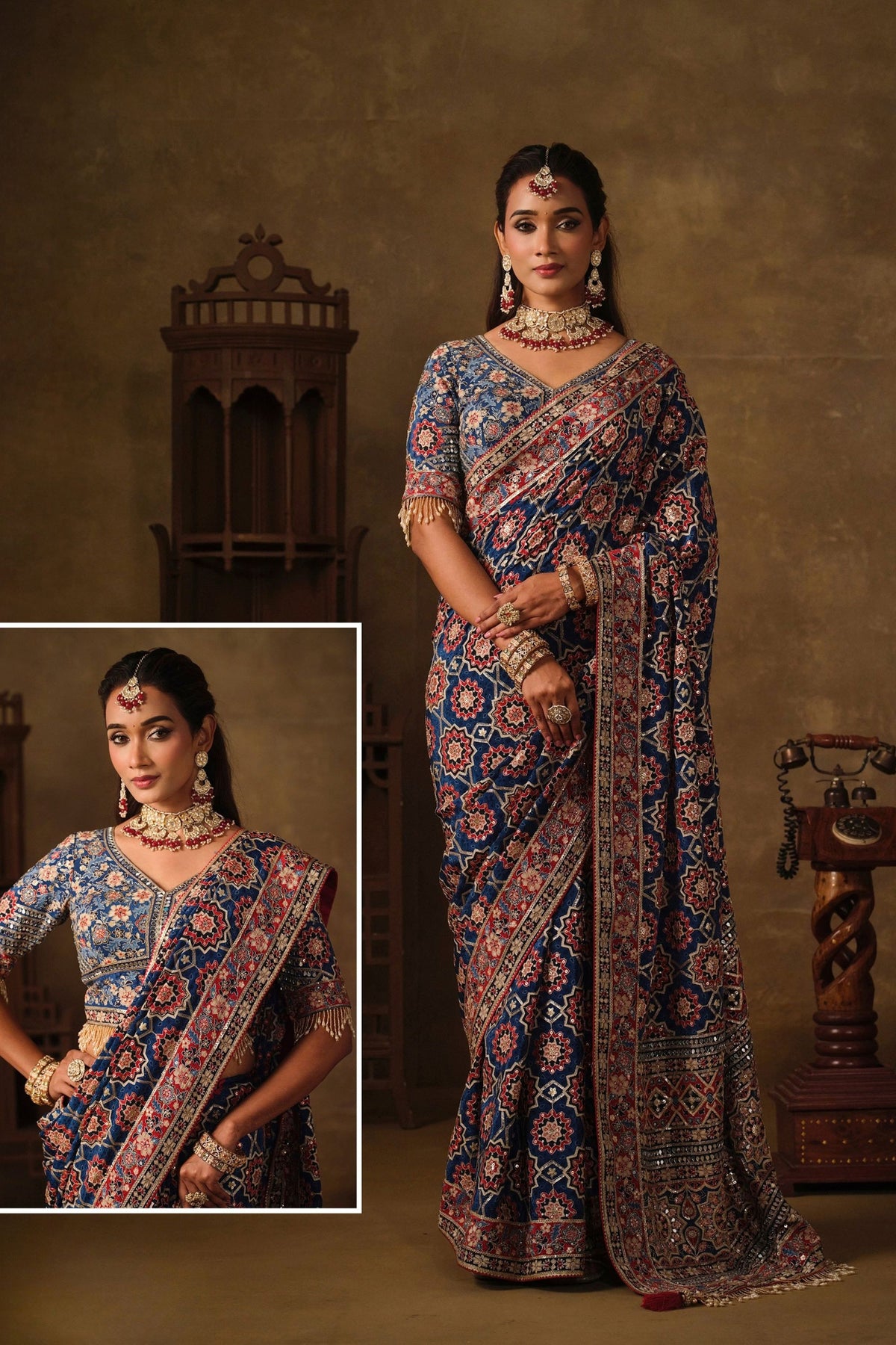 Elegant Navy Blue Natural Crepe Aari Hand Work Saree with Pure Khatli Work for Women