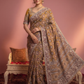 Exquisite Mustard Brown Natural Crepe Saree Aari Hand Work for Women