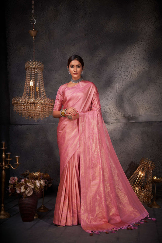 Graceful Rose Pink Pure Kanjivaram Weaving Silk Saree for Women