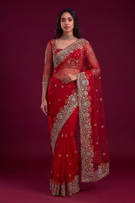Stunning Red Net Saree Heavy Embroidery Sequin Work for Women