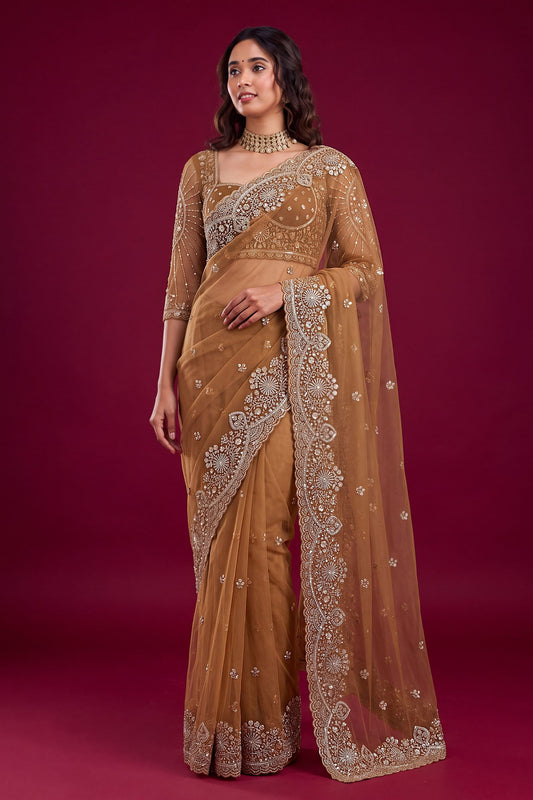 Elegant Brown Net Saree Heavy Embroidery Sequin Work for Women