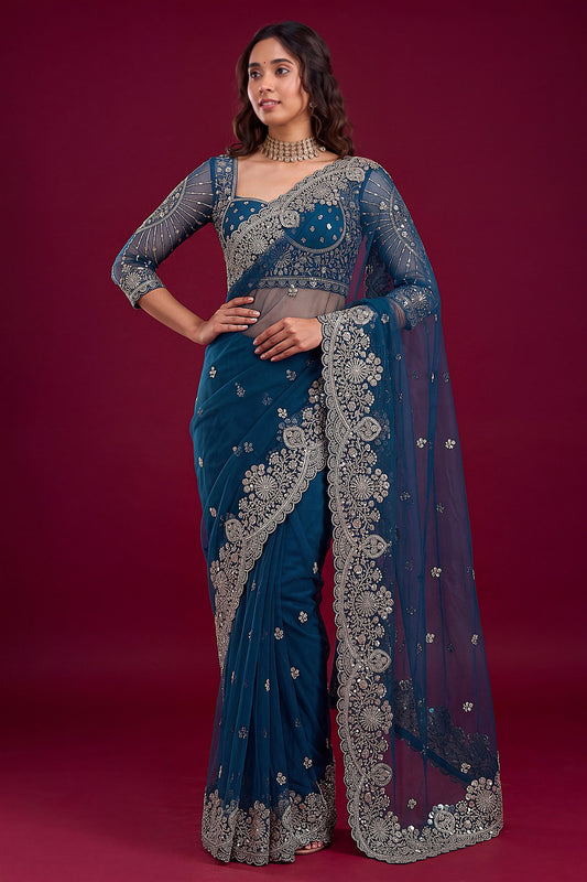 Royal Navy Blue Net Saree Heavy Embroidery Sequin Work for Women