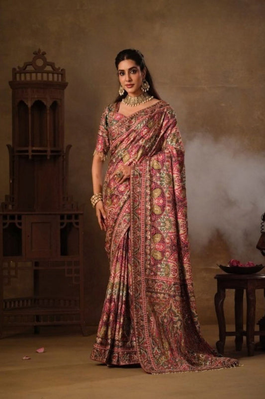 Stylish Wine Natural Crepe Aari Hand Work Saree with Pure Khatli and Mirror Work for Women