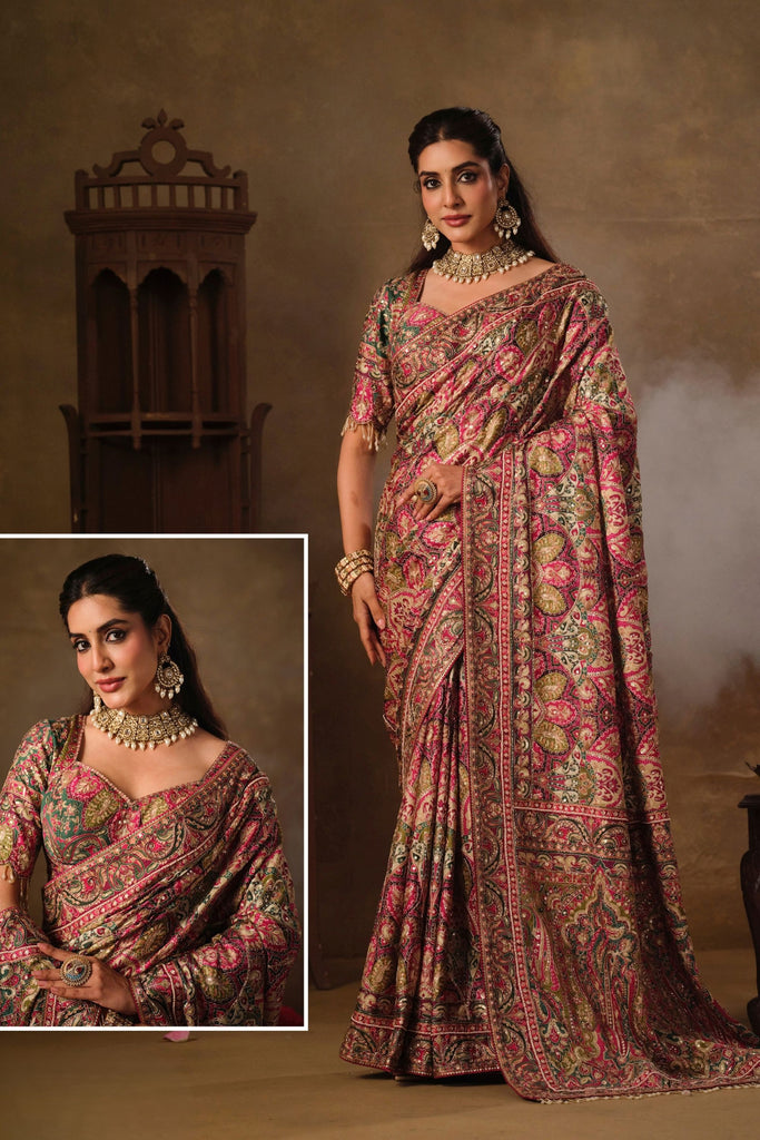 Stylish Wine Natural Crepe Aari Hand Work Saree with Pure Khatli and Mirror Work for Women