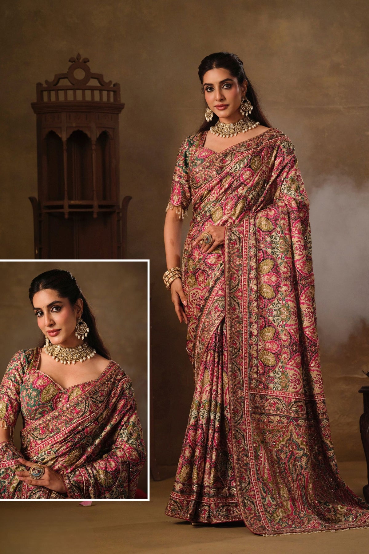 Stylish Wine Natural Crepe Aari Hand Work Saree with Pure Khatli and Mirror Work for Women