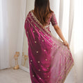 Magenta Purple Organza Silk Saree Golden Thread Embroidery Blouse