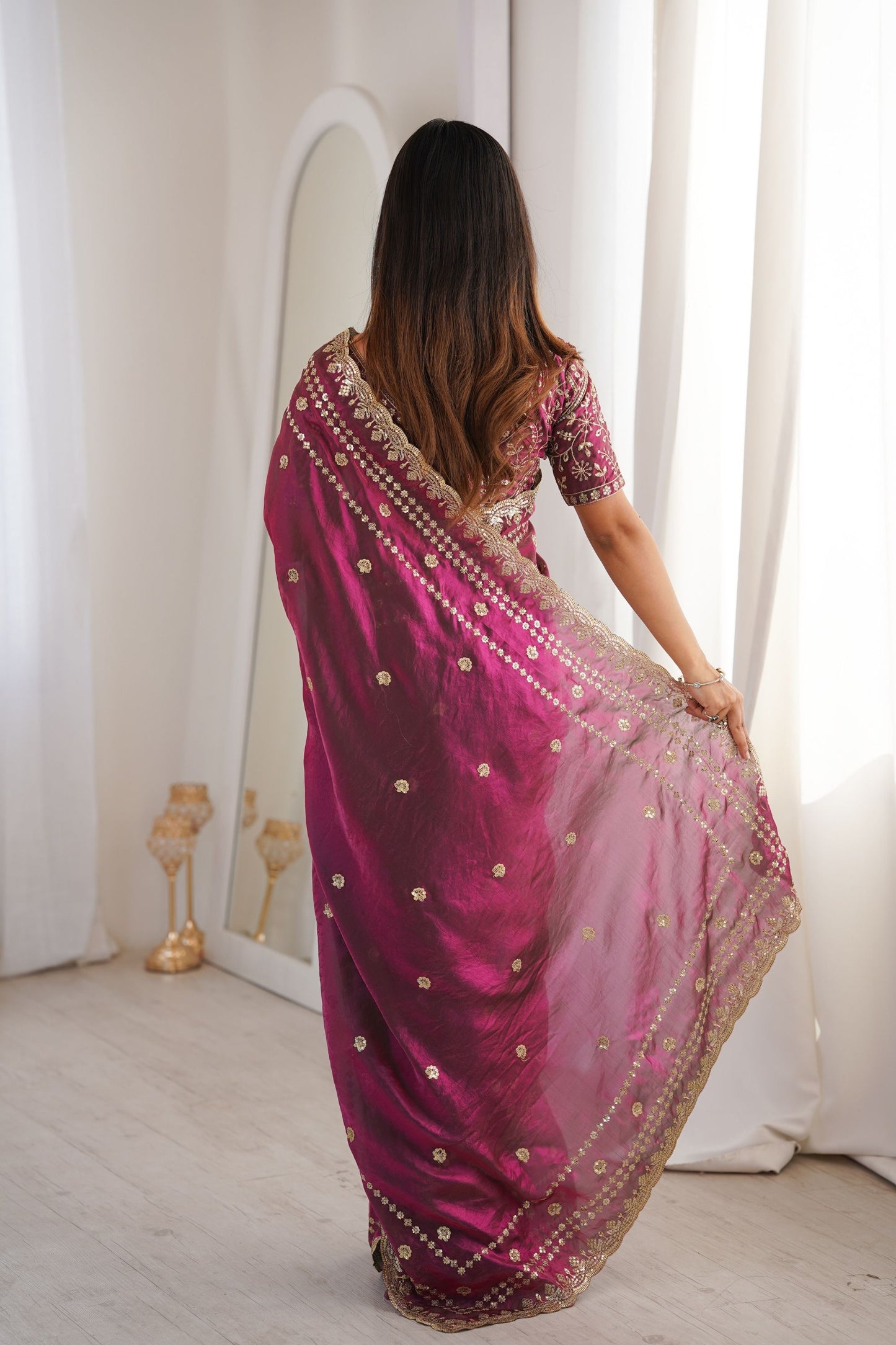Magenta Purple Organza Silk Saree Golden Thread Embroidery Blouse