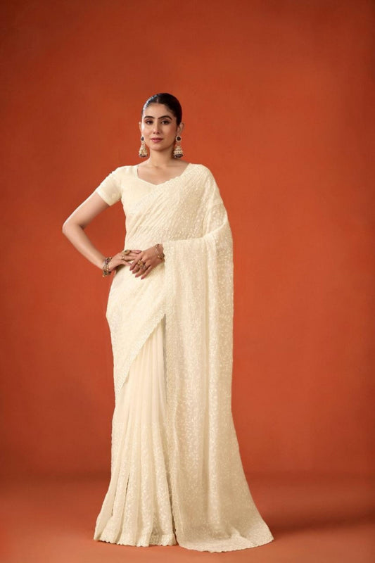 Off-White Embroidered Saree with Matching Blouse Party Wear Saree