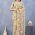 Pastel Yellow Floral Embroidered Net Saree with Designer Border