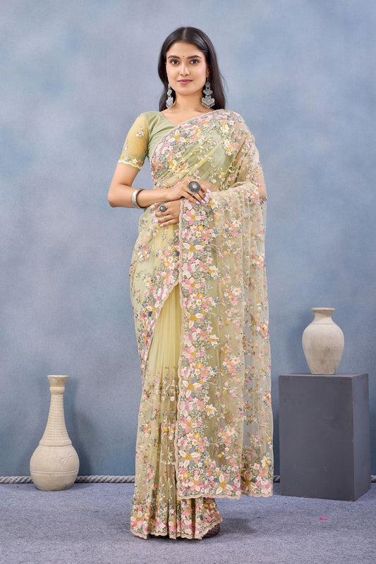 Pastel Yellow Floral Embroidered Net Saree with Designer Border