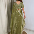 Olive Green Organza Silk Saree Heavy Sequins Embroidered Border Designer Blouse
