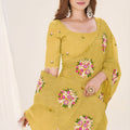 Mustard Yellow Organza Saree Floral Embroidery Designer Blouse