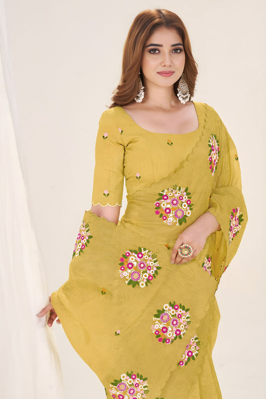 Mustard Yellow Organza Saree Floral Embroidery Designer Blouse