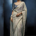 Silver Grey Embroidered Designer Saree Heavy Border Contrast Blouse 