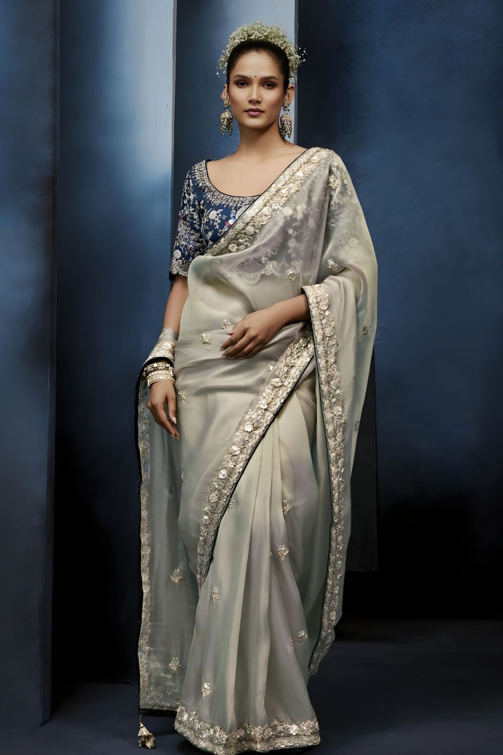 Silver Grey Embroidered Designer Saree Heavy Border Contrast Blouse 