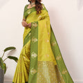 Yellow Olive Green Kanjivaram Silk Saree with Rich Gold Zari Border