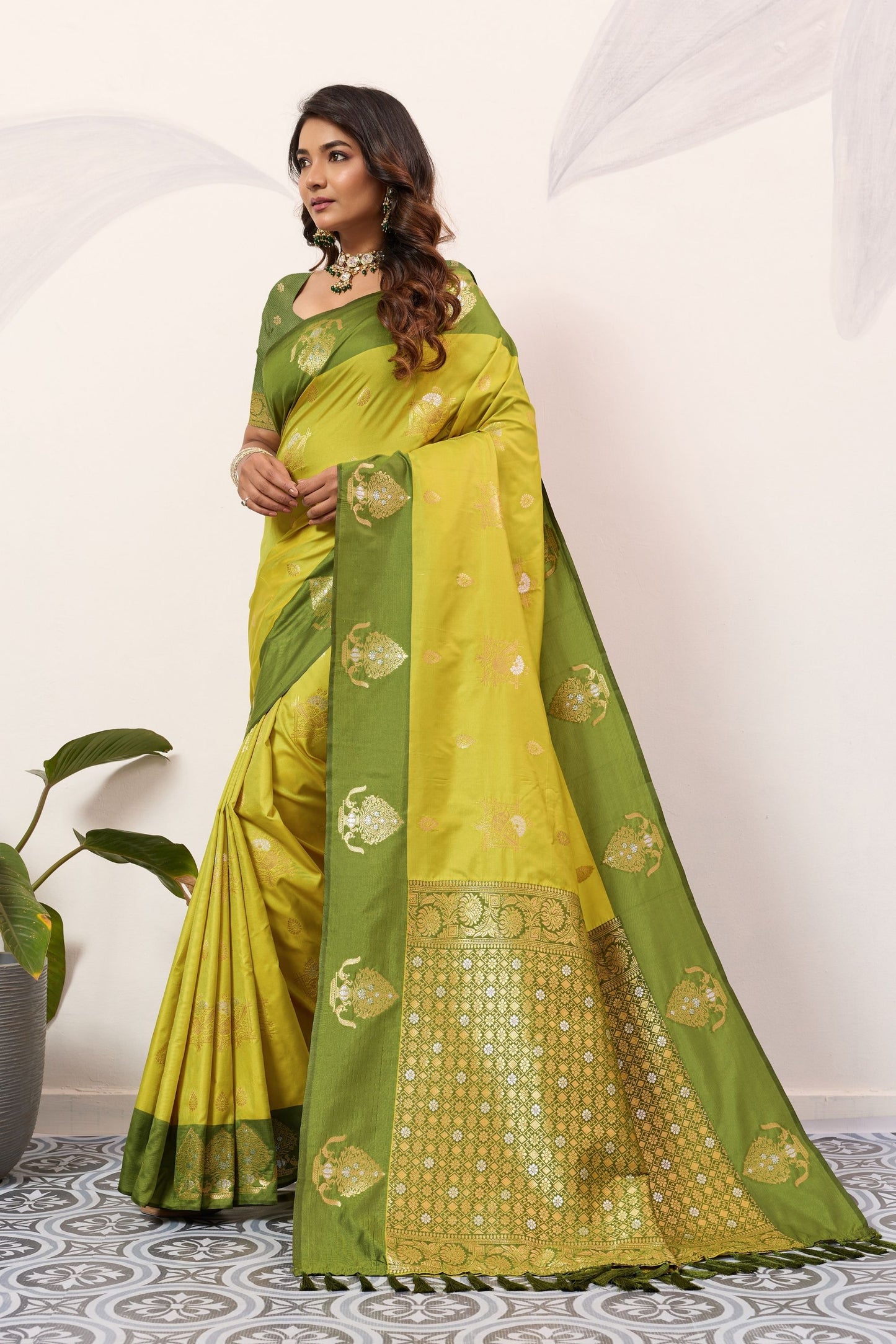 Yellow Olive Green Kanjivaram Silk Saree with Rich Gold Zari Border