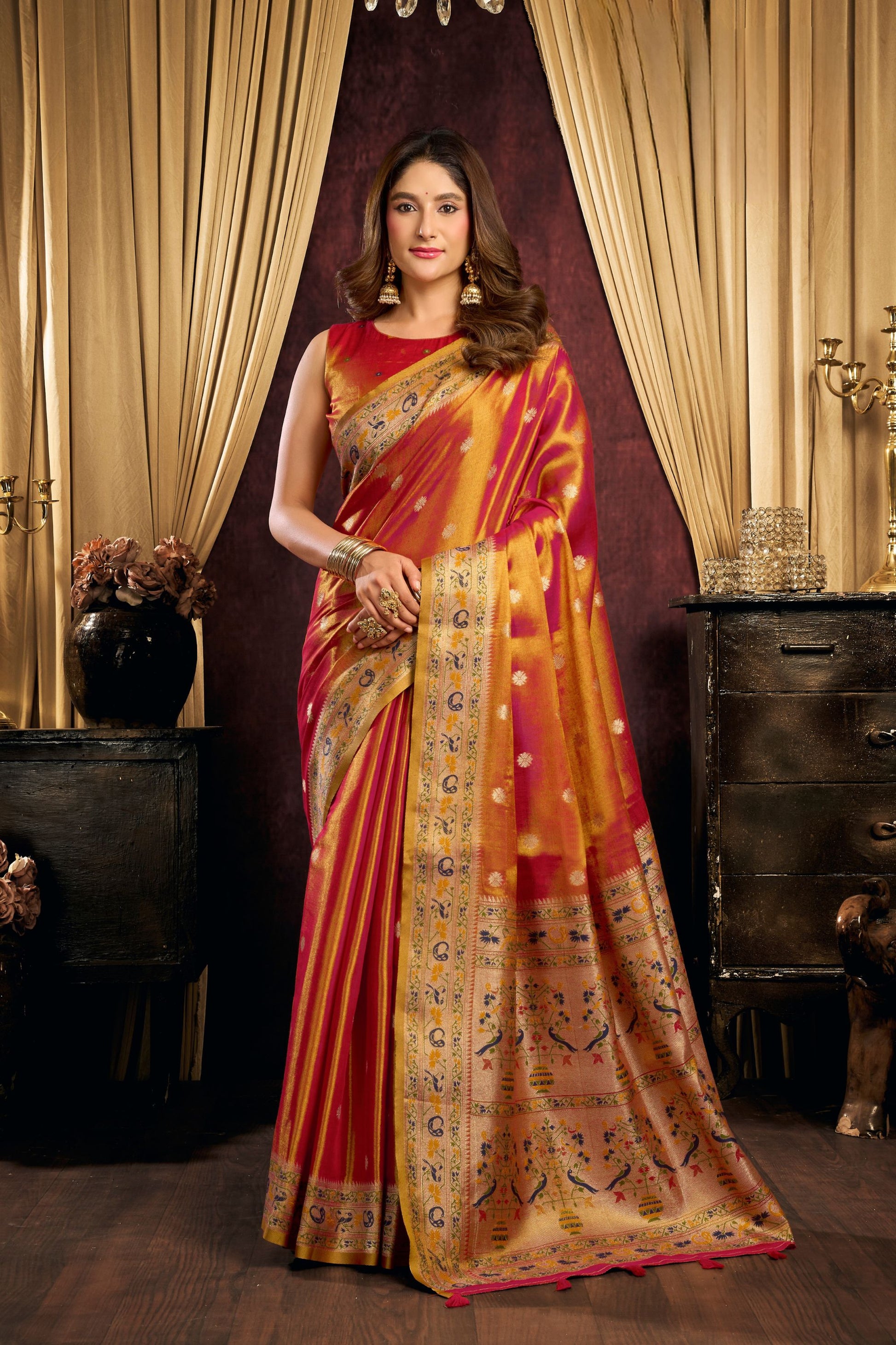 Stunning Rani Pink Tissue Silk Zari Weaving Saree