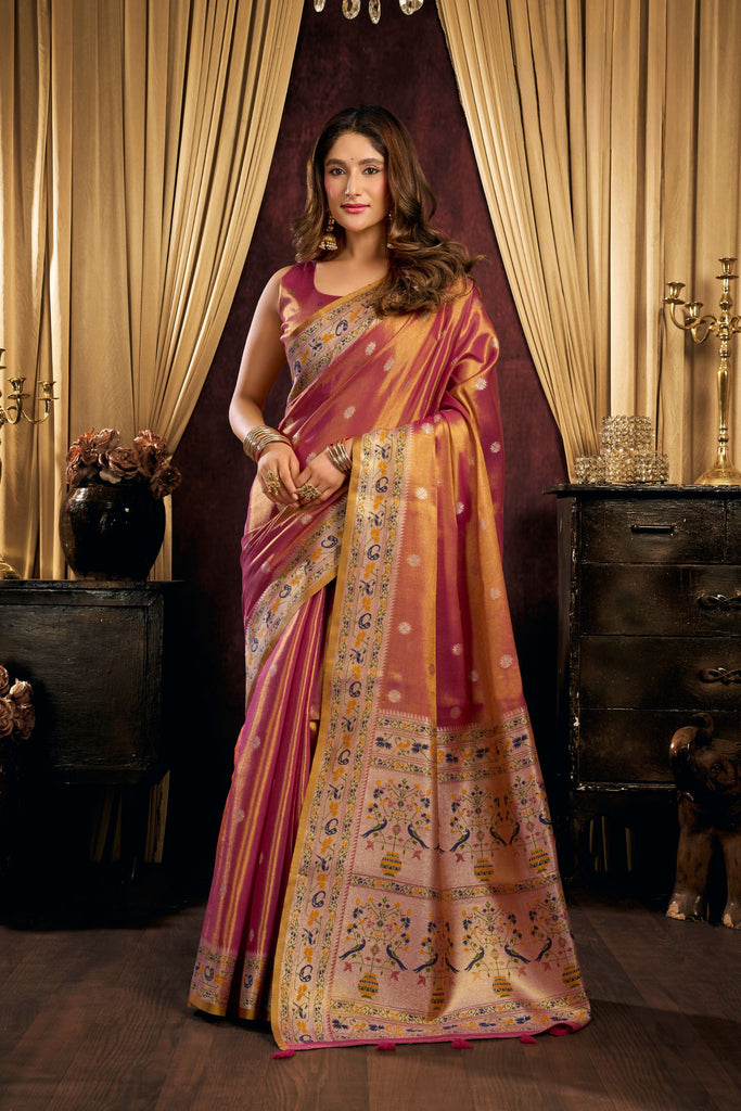 Beautiful Rani Pink Tissue Silk Zari Weaving Saree