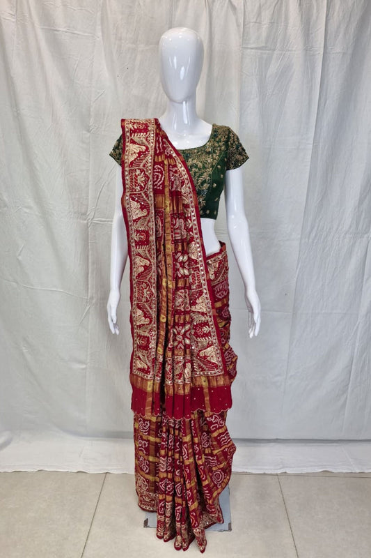 Traditional Red Bandhani Gharchola Silk Saree with Green Blouse for Wedding 