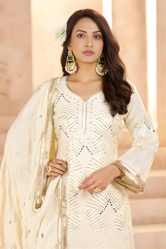Elegant Off-White Heavy Embroidered Chinon Party Wear Palazzo Suit with Dupatta