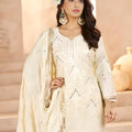 Elegant Off-White Heavy Embroidered Chinon Party Wear Palazzo Suit with Dupatta
