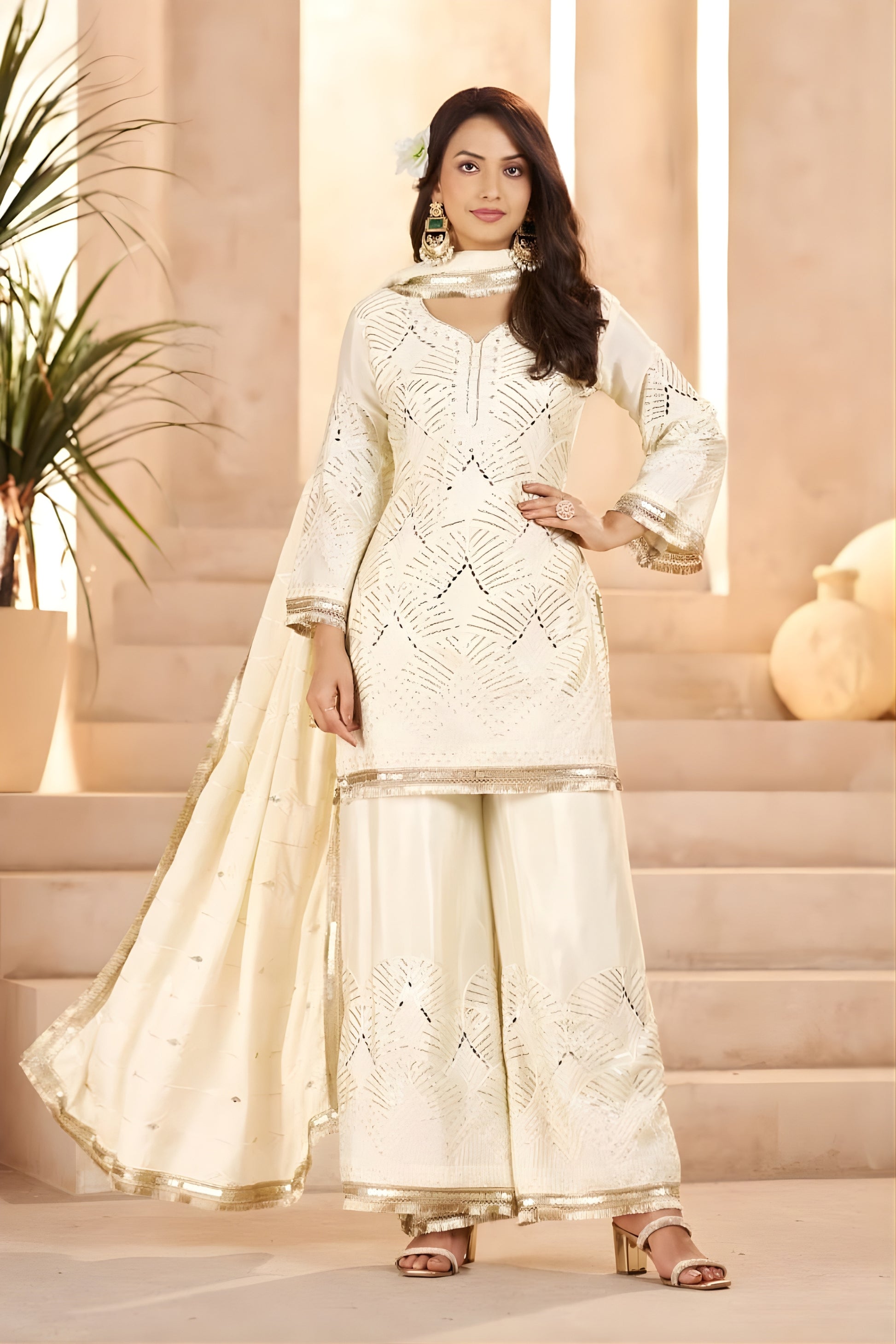 Elegant Off-White Heavy Embroidered Chinon Party Wear Palazzo Suit with Dupatta