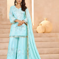 Cool Aqua Blue Heavy Embroidered Chinon Party Wear Palazzo Suit with Dupatta