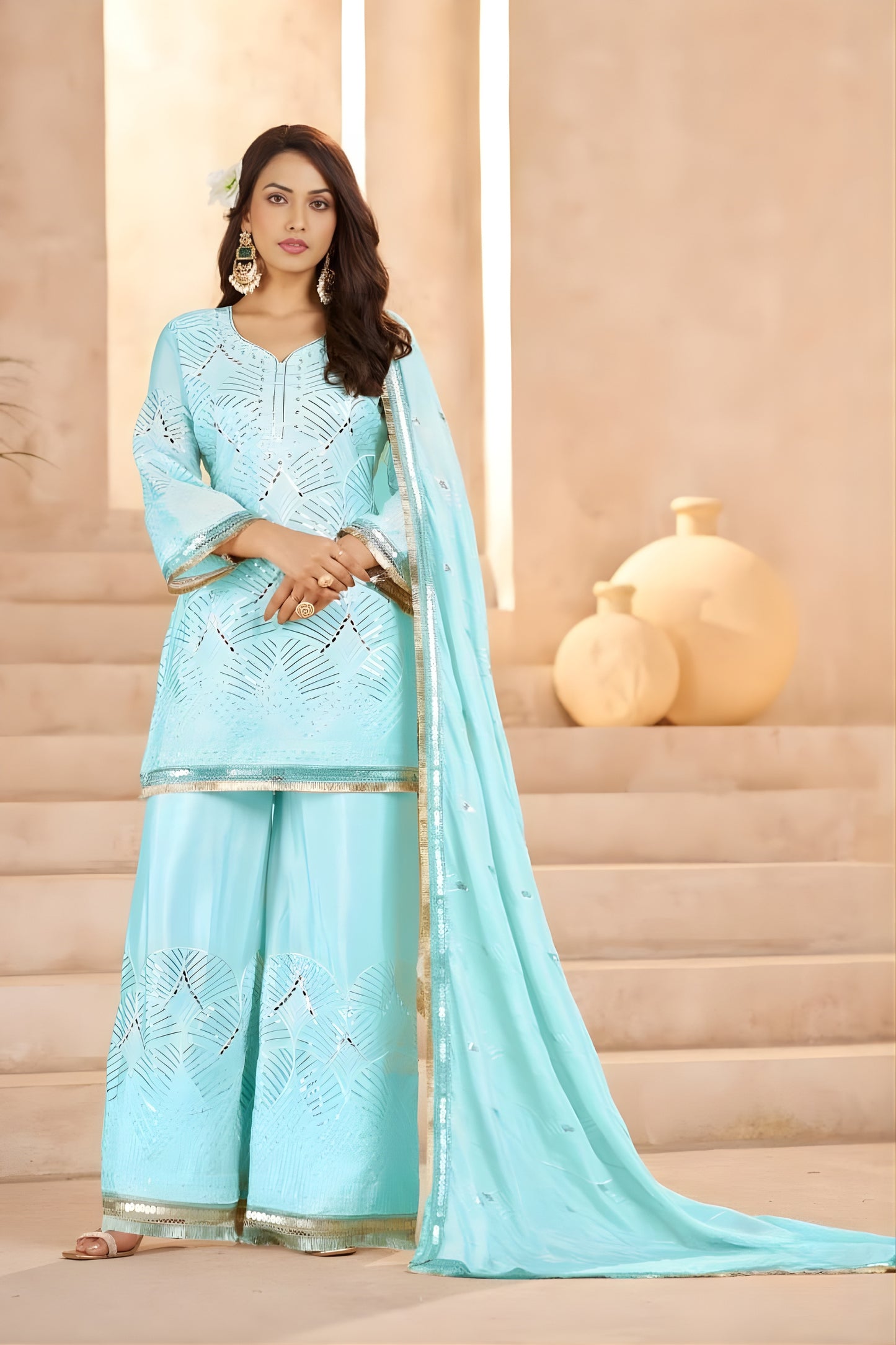 Cool Aqua Blue Heavy Embroidered Chinon Party Wear Palazzo Suit with Dupatta